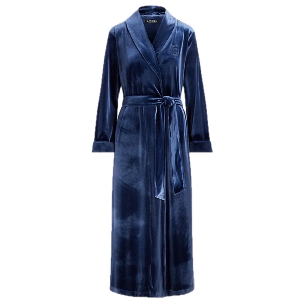 Lauren Ralph Lauren Long Sleeve Shawl Collar Navy Velour Long Robe